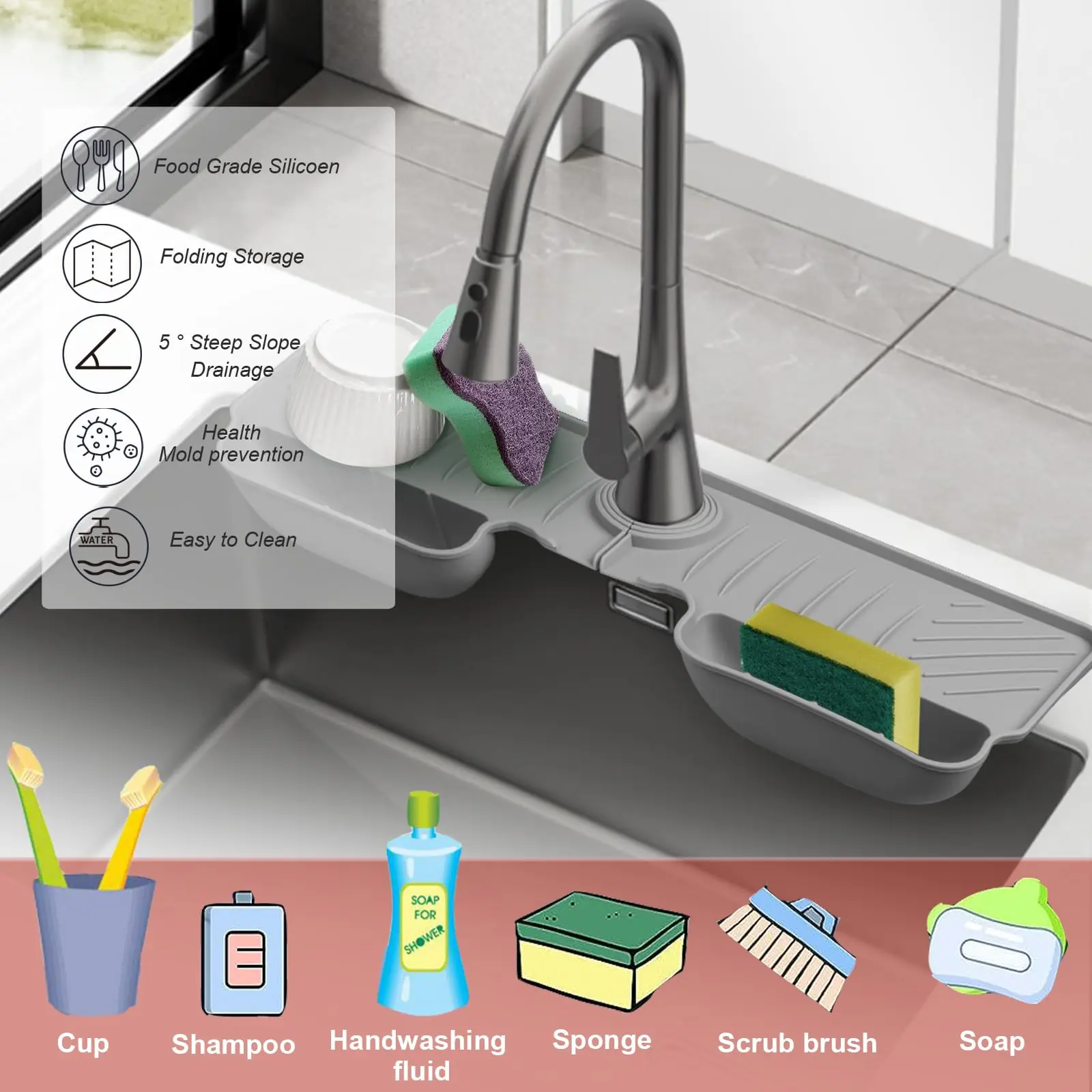 Silicone Sink Splash Guard Waterproof And Mildew-Proof Mat Draining Organization Plate Kitchen Sink Storage Accessory Tools kitchen sink mat