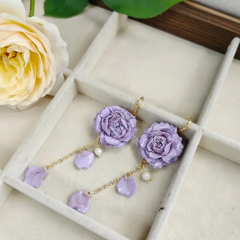 Elegant Immortal Rose Long Earrings Epoxy Resin Real Rose Flower 4