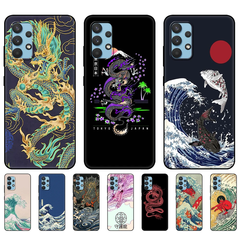 Custodia In Tpu Nero Per Samsung Galaxy A12 A22 A32 A42 A52 A72 4G 5G S21 Plus Cover Posteriore Ultra Japanese Wave Anime Dragon