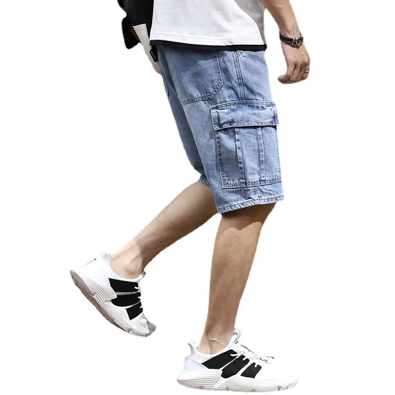 Summer Men\'s Fashion Pocket Baggy Jeans Shorts Loose Straight Capris Jeans For Men Streetwear Cargo Short Pants