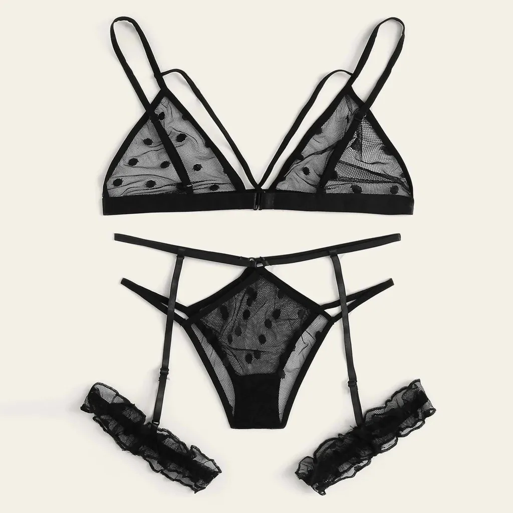 Sexy Bra Set Women Big Size Lace Underwear Seamless Bra Thong Garters Polka Dot Bralette Sexy Lingerie Sets