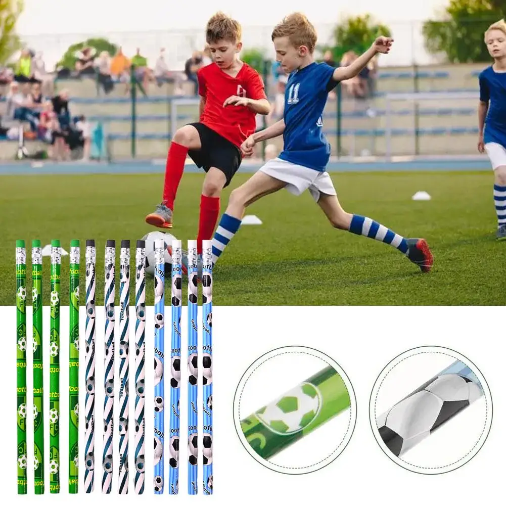 스포츠 테마 나무 연필 지우개 세트, 어린이 파티 학교 사무용품, 축구 필기 연필, 12 개
