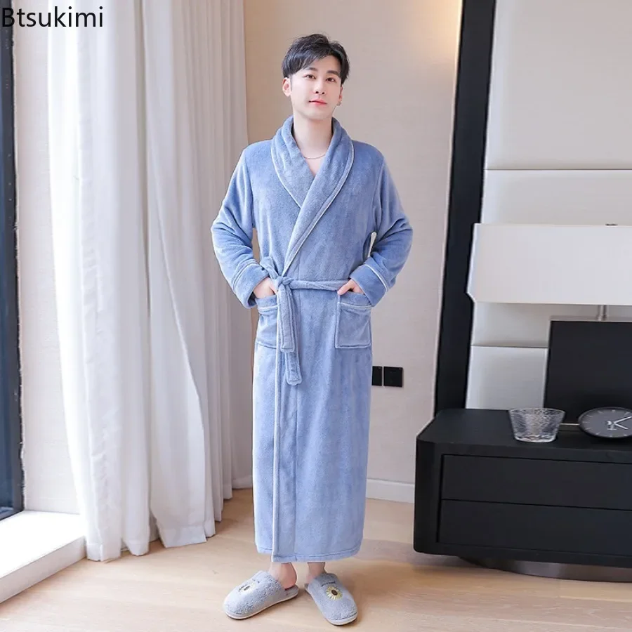 2024 Men's Autumn Winter Thicken Flannel Robes Dress V Neck Warm Bathrobe Men Couple Casual Comfortable Robe Dress for Sleepwear