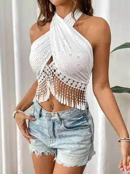 Women's Plain Lace Trim Tie Back Halter Top, Boho Fashion Casual Backless Sleeveless Top for Holiday Vacation Daily Wear