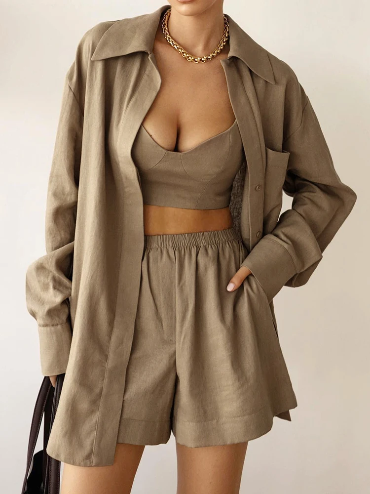 

Пижама Linad Женская свободного покроя из 3 предметов, одежда для сна с длинным рукавом, укороченный топ, повседневный домашний костюм с шортами, весна 2024