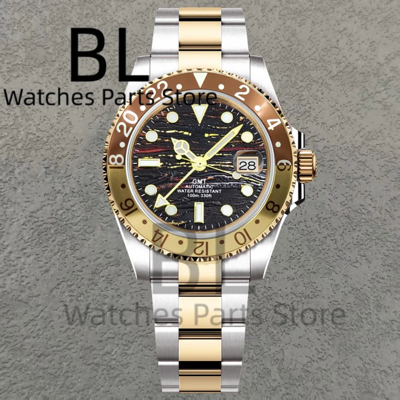 BLIGER Top Brand Luxury 40MM Full Gold Automatic Watch Sapphire Glass Waterproof Tiger-Eye Pattern Doulbe End Link Braclelet