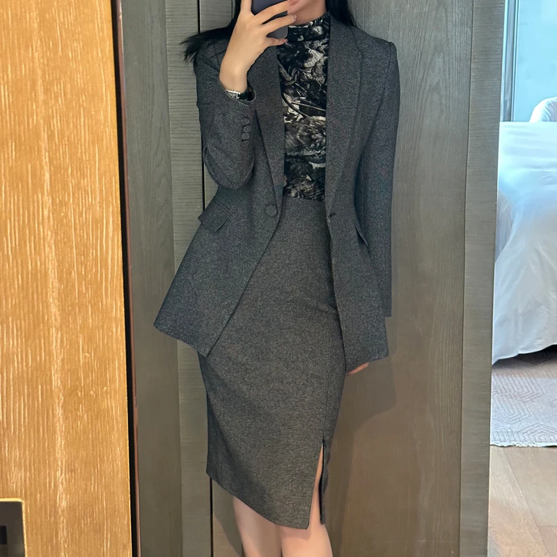 

Women's Spring Autumn Jacket Skirts Suit 2023 Office Lady Grey Elegant Ladies Blazers 2 Piece Set And Pencil Mini Skirt Outfit
