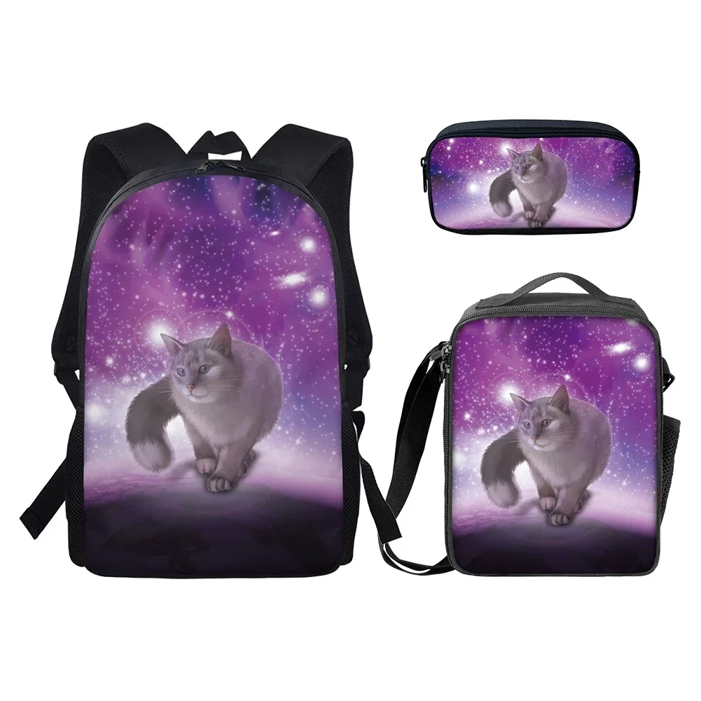 

Starry Sky Animal Cat 3pcs/Set Backpack 3D Print School Student Bookbag with Lunch Bag Pencil Case Teenager Kids Daily Daypack