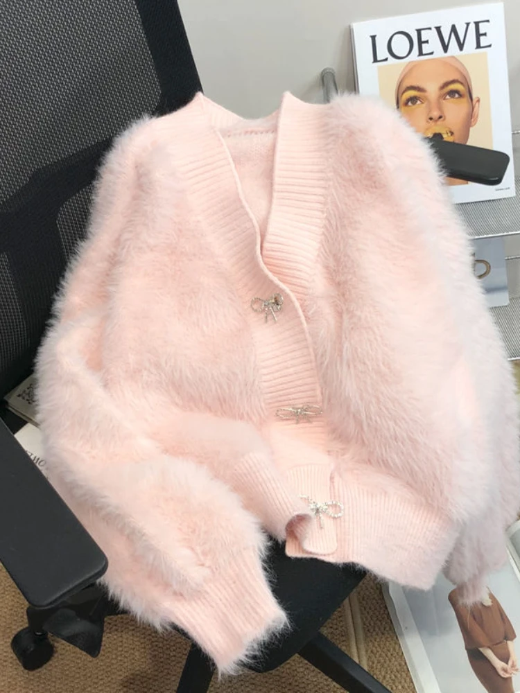 

Knitted Cardigan Sweater Pink Mink Sweater Coat Women Cardigan Autumn Thickened New Loose V Neck Niche Design Cropped Cardigan