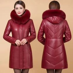 New Winter Cold Warm PU Leather Jacket Women's Leather Coat Cotton Long Hooded Parka Overcoat Female Casual Windproof Outerwear