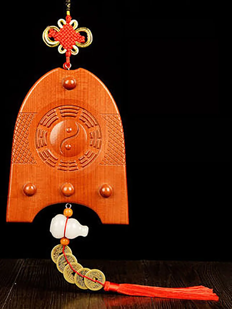 Double Fish Chinese Feng Shui Peach Wood Carving Ornament, Home Living Room Decor