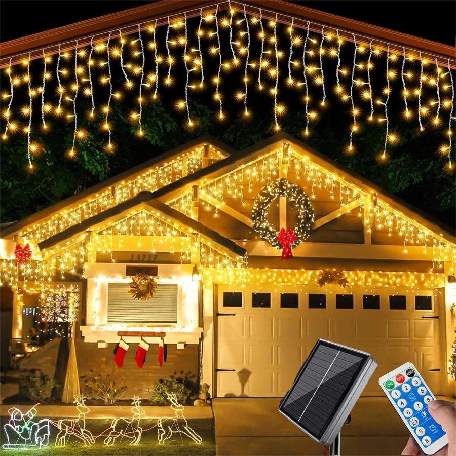 thumbnail image 1 of Luces solares de Navidad con forma de carámbano para exteriores, cortina de luces centelleantes con control remoto, cadena de luces en cascada de 8 modos para decoración del hogar, 1 of 5