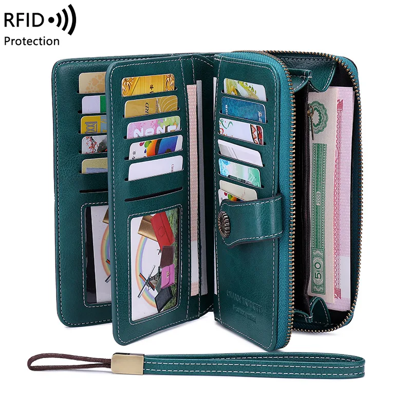 A RFID Women's Leather Wallet with credit cards and an RFID card.