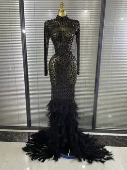 Black Red Women Long Sleeve Sexy Sparkly Crystal Mesh See Through Feathers Floor-length Mermaid Dress Evening Party Prom Outfit 1