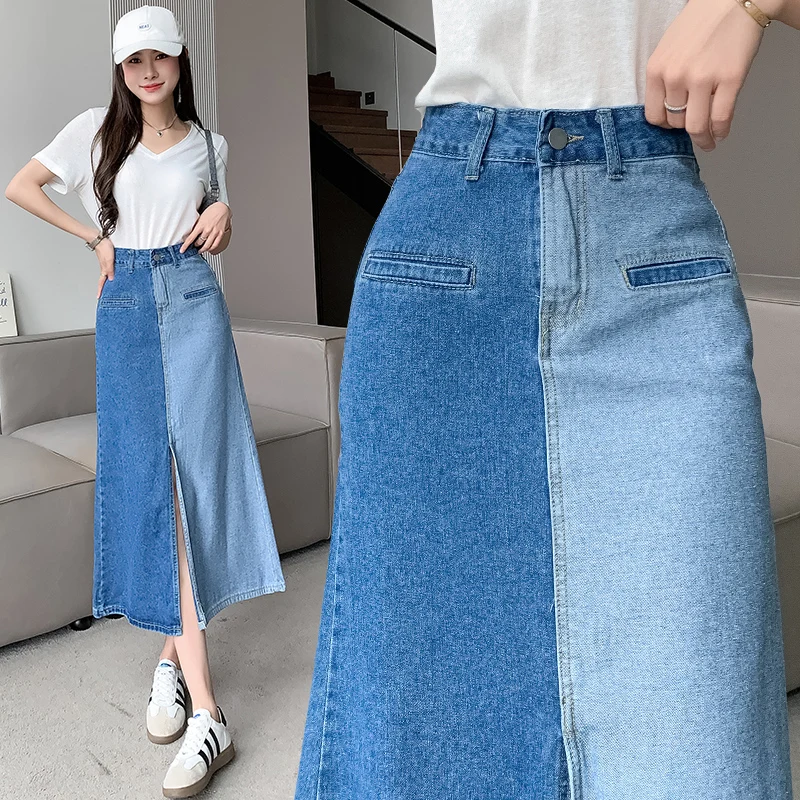 

Vintage Blue Patchwork Denim Skirt Women Spring Summer Korean Fashion High Waisted Split Pocket A-LINE Mid-Calf Long Skirt New