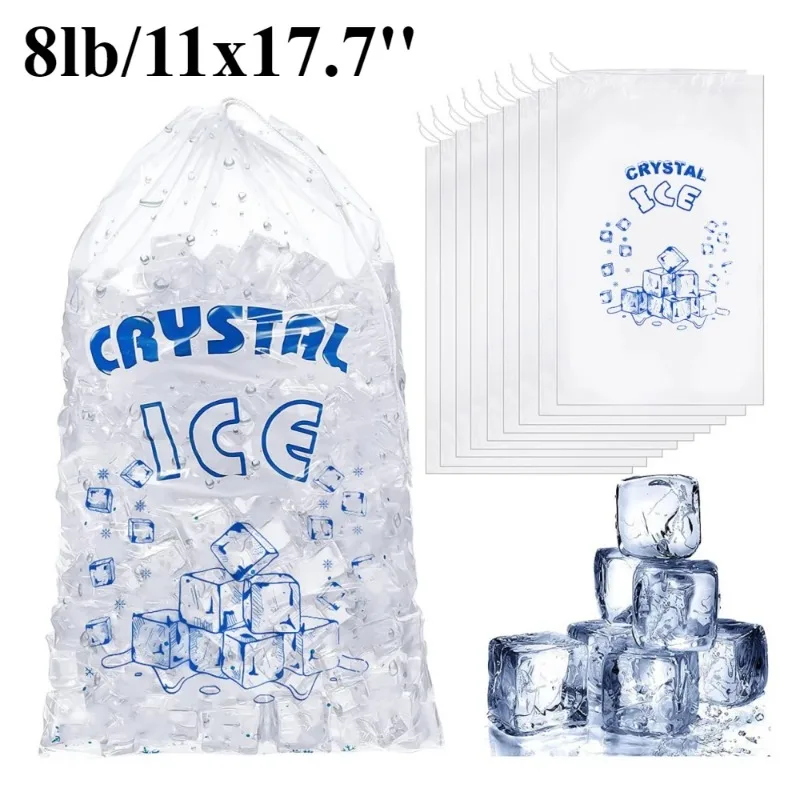 50pcs Plastic Ice Bags Food Grade PE with Drawstring Can Withstand 5/8 Lb Pounds Closure Durable Bag Kitchen Disposable Storage