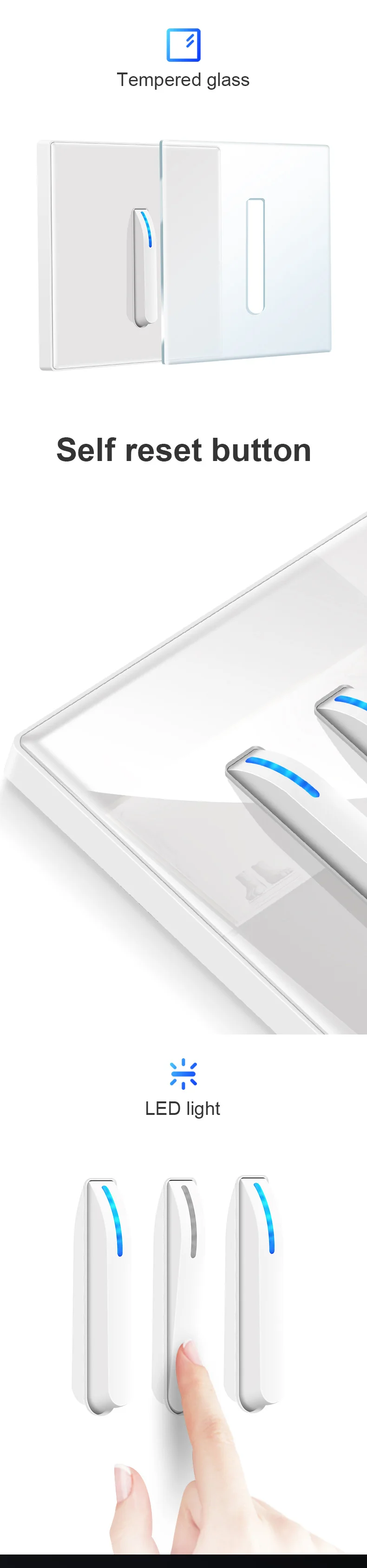 Piano key style switch panel with LED lighting