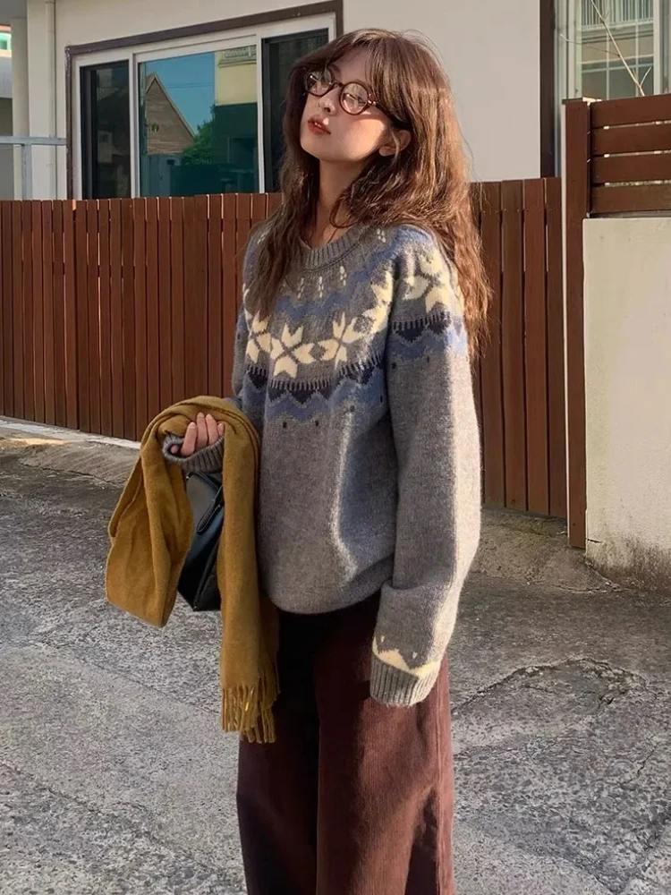 

HOUZHOU Vintage Jacquard Knit Sweater Women Japanese Style Loose O-Neck Long Sleeve Christmas Sweater Autumn Winter Pullovers