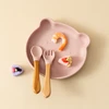 3PCS Baby Silicone Tableware Set Wooden Handle Spoon Fork Cartoon Bear Dishes Snack Plates Feeding Learning Baby Stuff 3