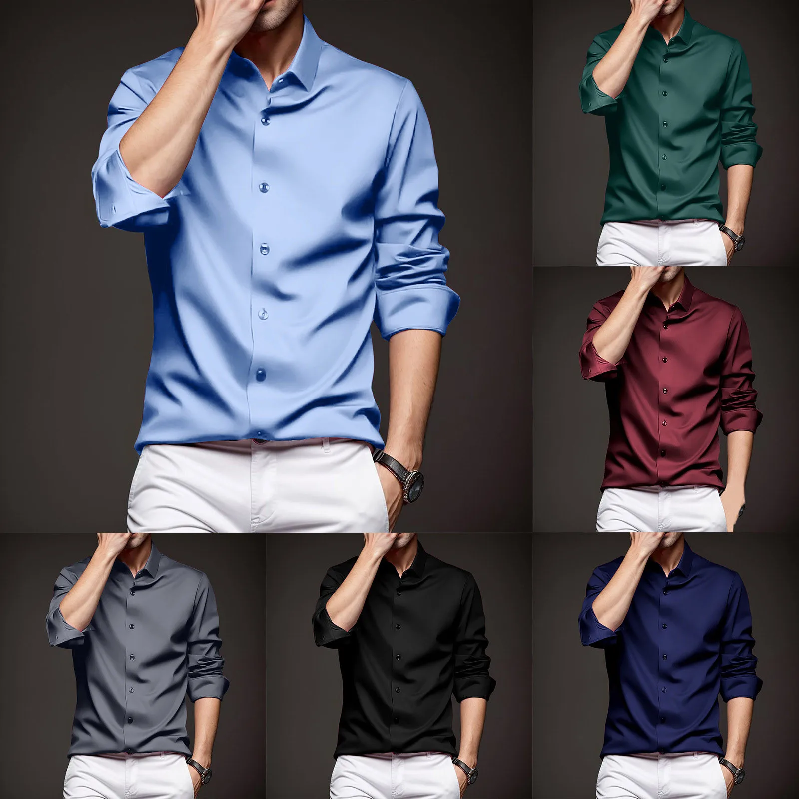 

Рубашка мужская стрейчевая с длинными рукавами, однотонная формальная блуза из вискозы, на пуговицах, без складок, весна-лето