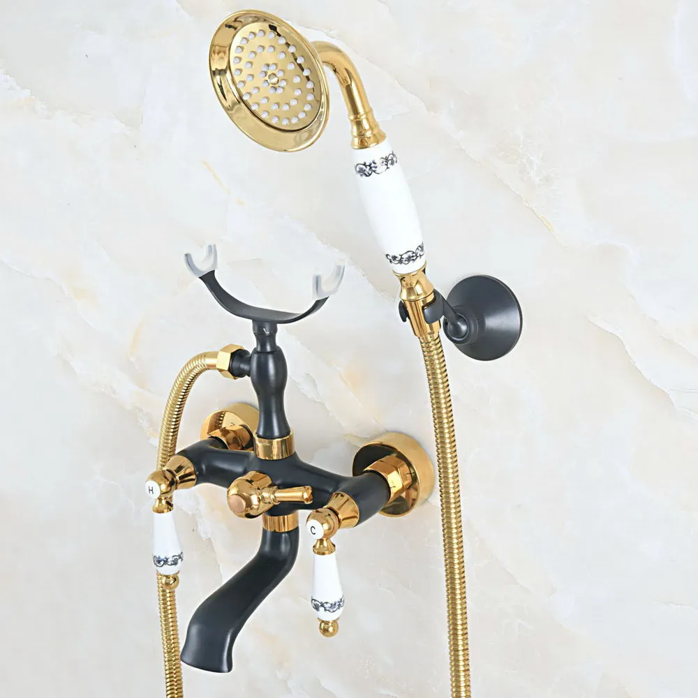 

Gold & Black Brass Wall Mount Bathroom Bathtub Faucet Set WITH/ 1500MM Handheld Shower Spray Head Mixer Tap Dna569