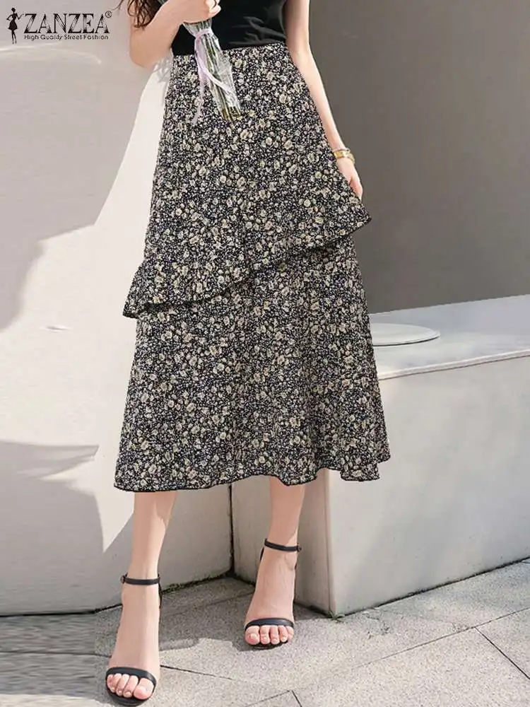 

ZANZEA High Waist Floral Print Jupes Fashion Elegant Skirt Bohemian A-line Midi Skirt Women 2023 Summer Ruffles Stitching Faldas