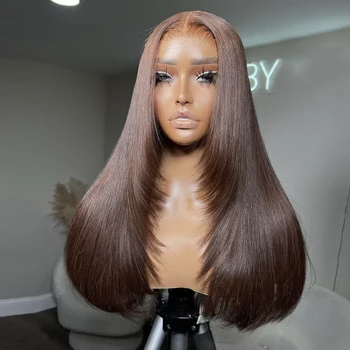 Layered Brown Wig Long Silky Straight 13x4 Lace Front Wigs for Women Heat Resistant Glueless Natural Hairline Daily Wear Wigs