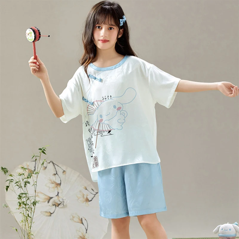 

Girly Heart Cinnamoroll Kuromi Anime Short Sleeve Pajamas Cute Hello Kitty Ins Children Parent-Child Home Cloth Gifts for Kids