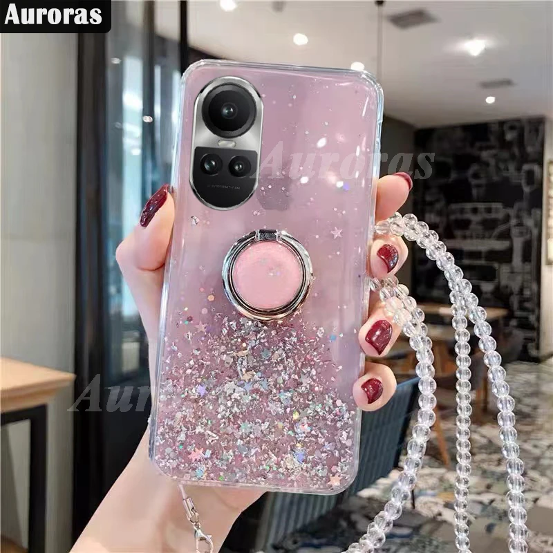Auroras For OPPO Reno 10 Pro 5G Case With Ring Luxury Glitter Sequins Clear  Bling Stars Soft Shell For Reno 10 Pro Plus Cover