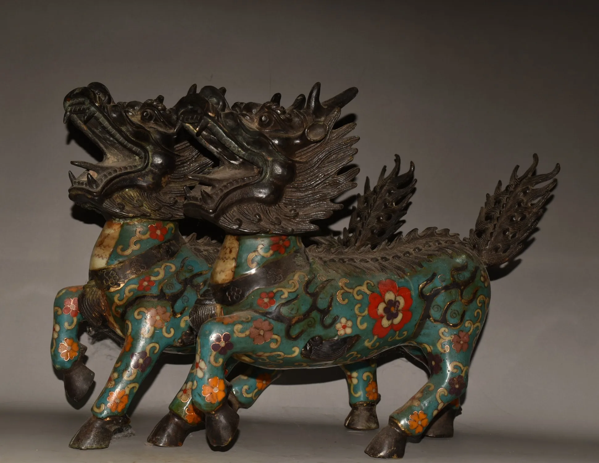 

12"Tibetan Temple Collection Old Bronze Cloisonne Enamel Kylin Statue Unicorn A pair Amass wealth Ornaments Town House