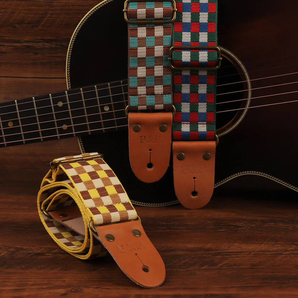 

P&P Tartan Plaid Guitar Belt Strap Genuine Leather End for Acoustic Electric Folk Guitar Bass Strap