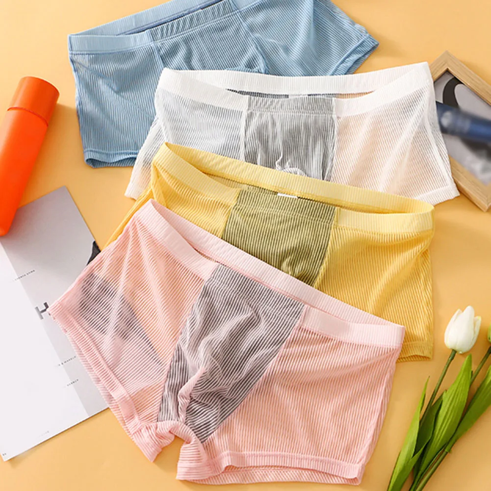 Hot Men\'s Shorts U Convex Pouch Underwear Ultra-thin Boxer Briefs Ice Silk Shorts Panties See-Through Bulge Pouch Underpants