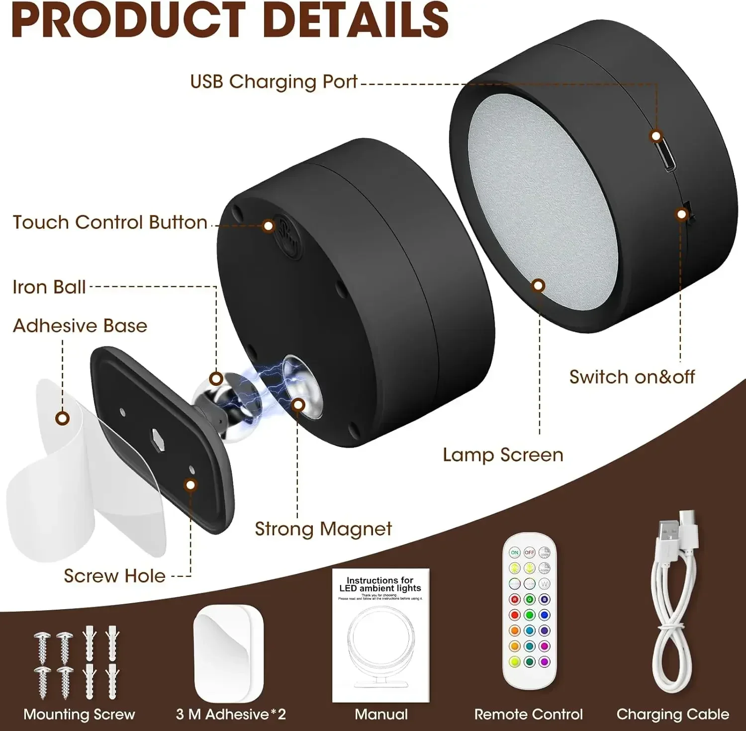 รูปสินค้า ไฟติดผนัง LED ปรับสีได้ 3 สี ชาร์จ USB ห้องนอน