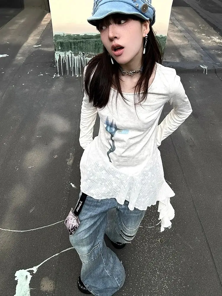 Genayooa Y2k Print T Shirt Women Chic White Irregual Graphic Tops 2000s Japanese Fairycore Vintage Tshirts Retro Grunge Tops Tee 2