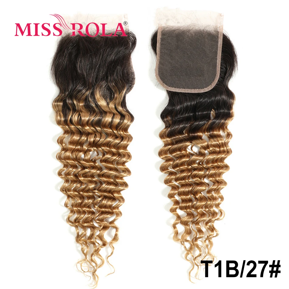 Miss Rola Hair Brazilian Deep Wave Hair Lace Closure Human 4x4 Lace Closures Curly Remy Blonde 99J Highlight Brown