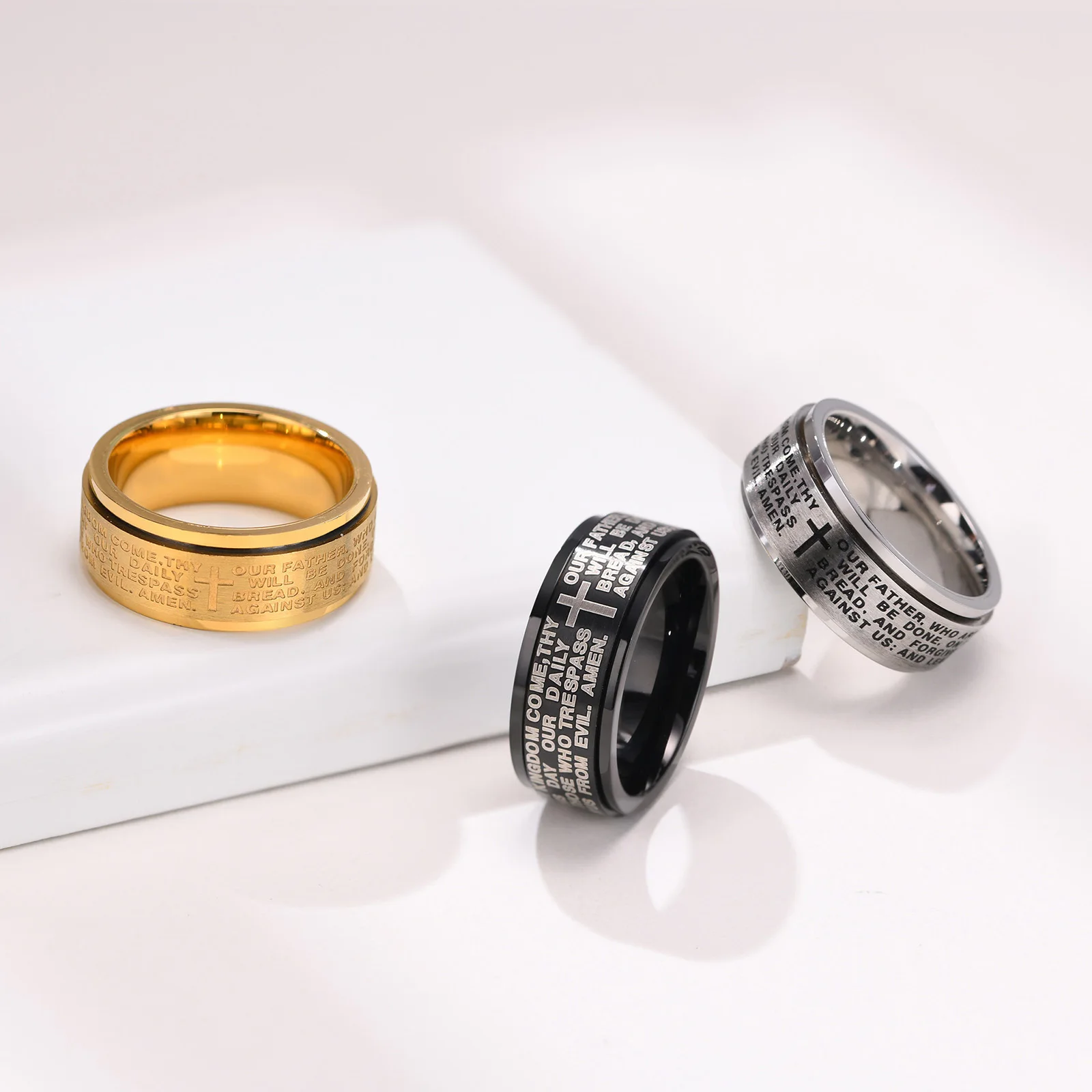 Men's Stainless Steel Cross Ring - Silver, Gold Or Black, Sizes 7-13, 8mm Wide Band