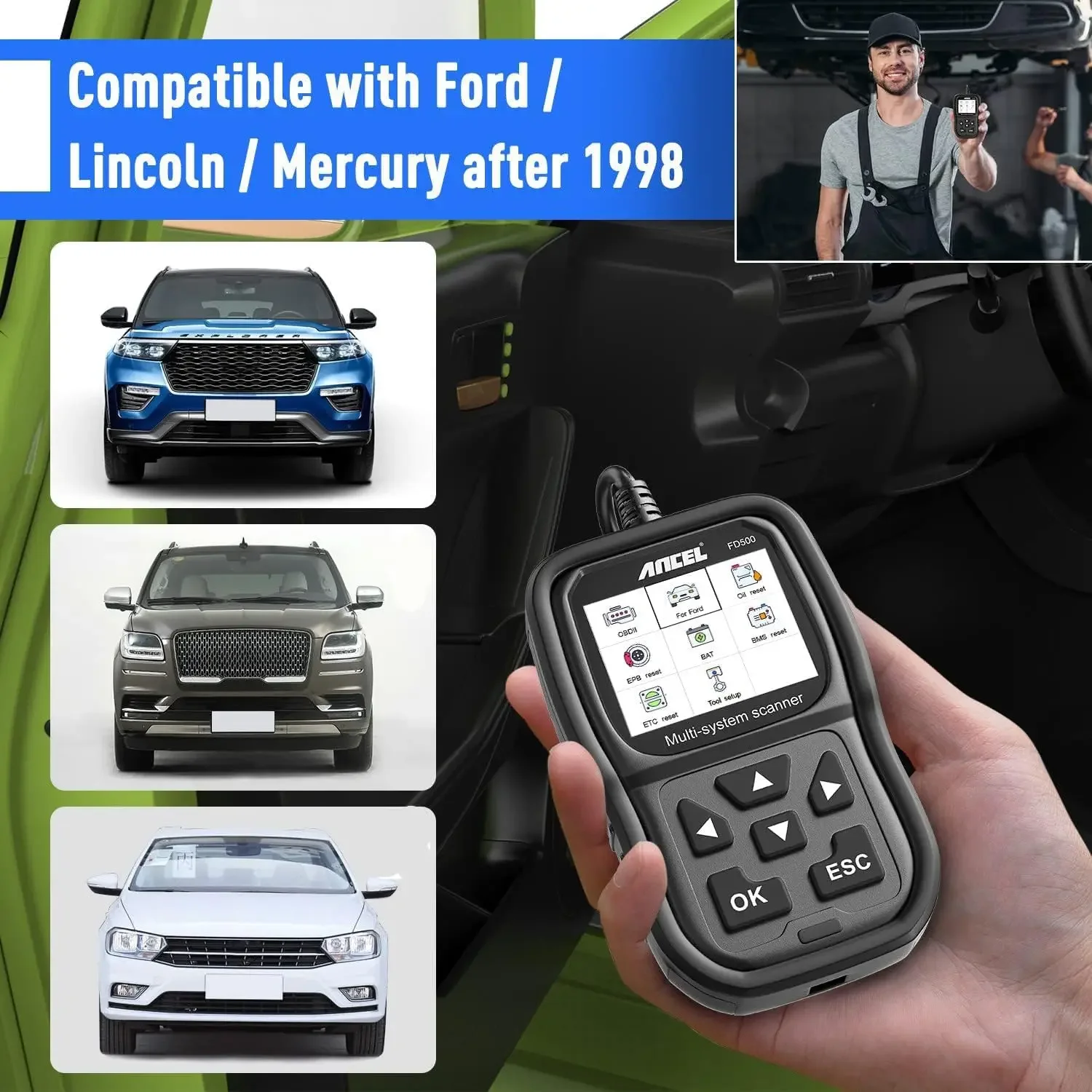 ANCEL FD500 OBD2 Scanner for Ford Lincoln Mercury All Systems Code Reader with Engine ABS SRS Transmission 4WD Diagnostics Scan 3