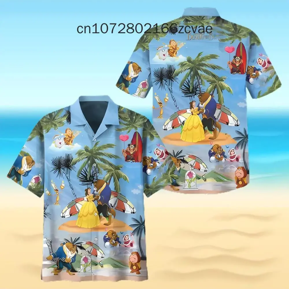 

2024 New Beauty and Beast Hawaii Shirt Men's Women's Children's Short sleeved Shirt Disney Fashion Retro Casual Shirt