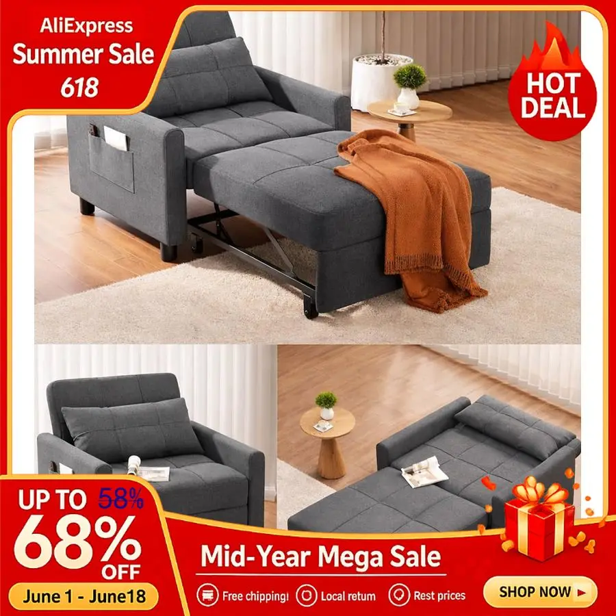 Convertible Sofa Bed, 3in1 MultiFunctional Sleeper Chair Bed, Adjustable Backrest Recliner with Modern Linen Fabric f Customized