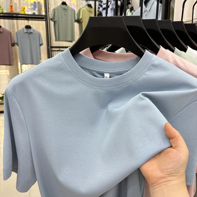 Camiseta de manga corta de algodón con amoníaco líquido de doble cara para hombre, camiseta de cuello redondo antiarrugas y sin arrugas para verano, nuevo estilo