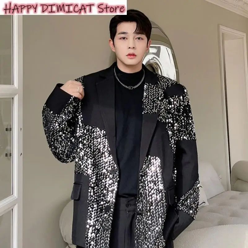 

Men's Suit Coat Korean Loose Fashion Luxury Sequins Decoration New Turndown Necklong Sleeve Personality Design