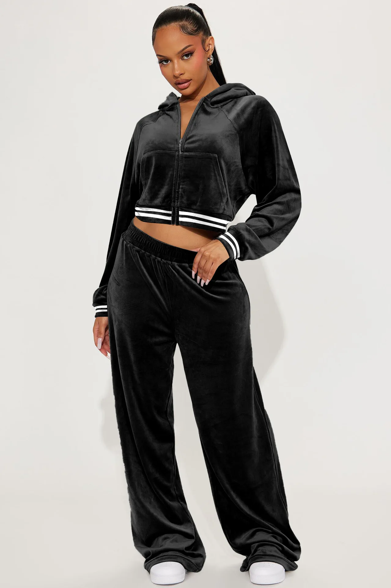 

Spring Sporty 2 Piece Sets Womens Outfits Solid Long Sleeves Hooded Jacket Tracksuit Casual High-waist Female Straight Pant Sets