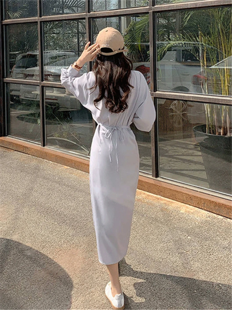 2022 New Summer Autunm Women Shirt Dress High Waist Vintage Lace Up Single  Breasted Elegant Minimalist Style Long Dress Dr2226a - Dresses - AliExpress
