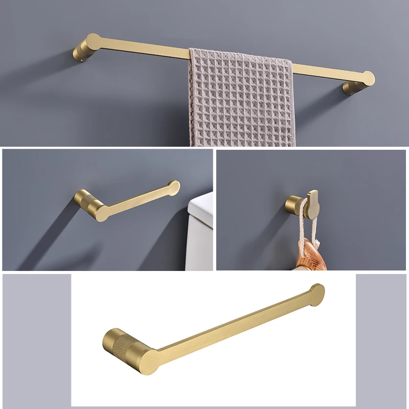 High Quality Brushed Gold Towel Rack Brass Knurled Towel Bar Bathrobe Hook Spare Toilet Paper Holder Bathroom Accessories