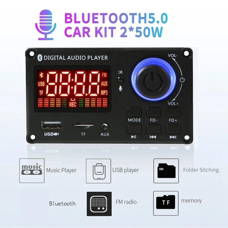   DIY MP3 ڴ  Ʈ ŰƮ,  5.0, ڵ MP3 ÷̾, USB FM AUX ȭ   , DC 8-24V, 50W
