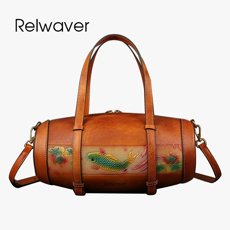 Сумка-бочка Relwaver koi женская из натуральной кожи саквояж в винтажном китайском