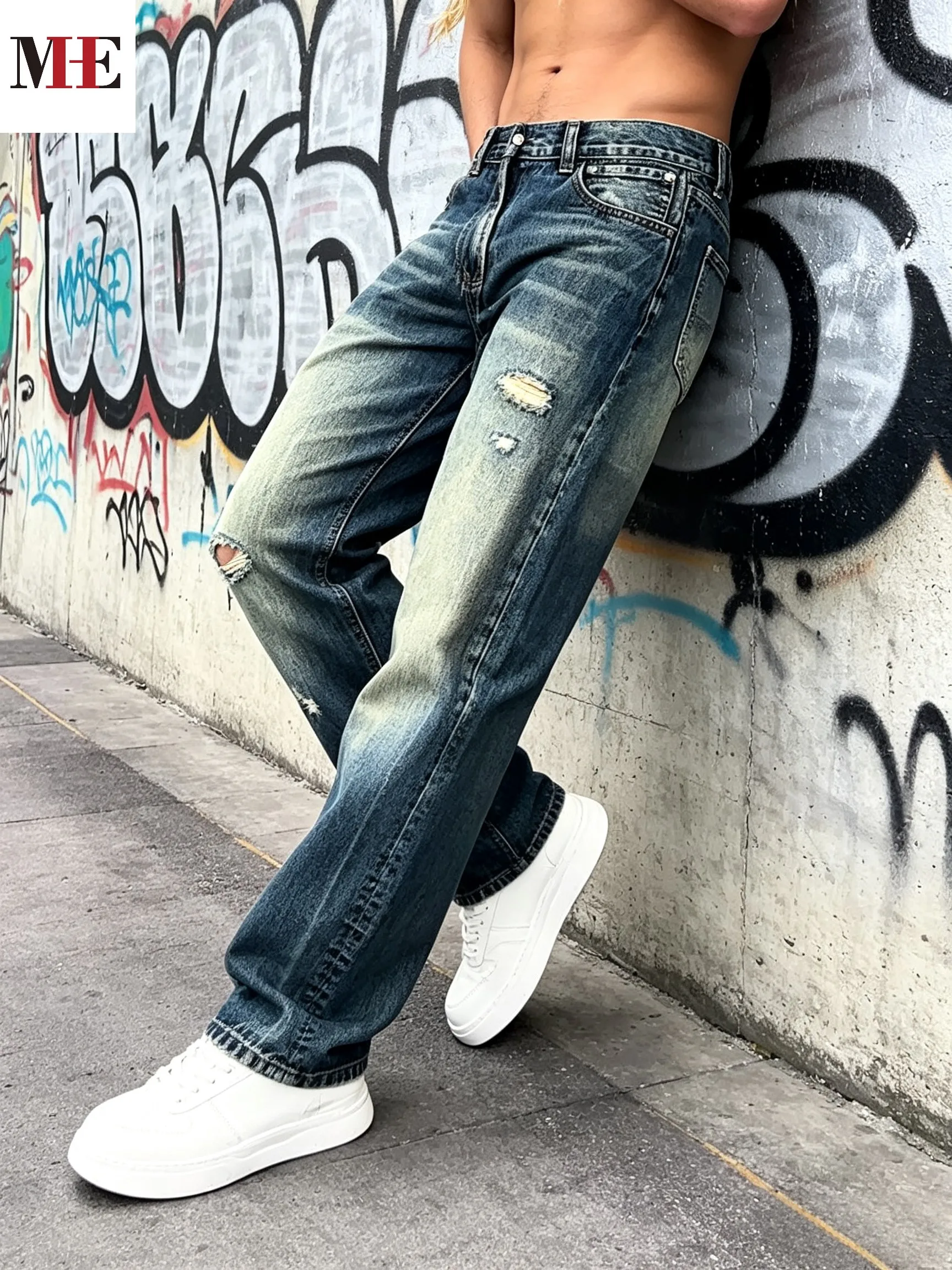 Men's Destroyed Frayed Ripped Denim Jeans - Image 3
