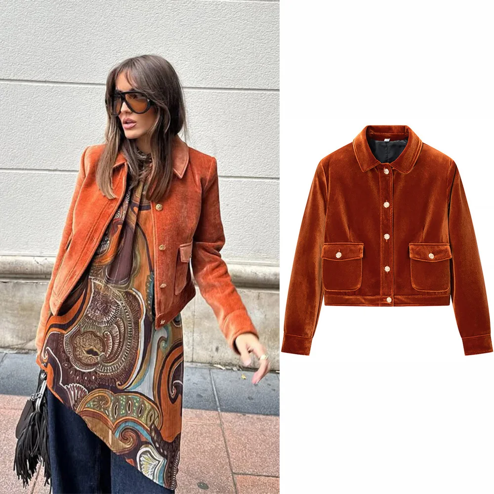 Vestes courtes en velours à revers Orange pour femmes, mode simple boutonnage, manches longues, poches, veste ample, vêtements d'extérieur de rue pour les déplacements, 2026