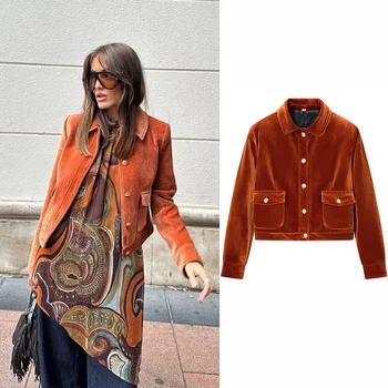 Vestes courtes en velours à revers Orange pour femmes, mode simple boutonnage, manches longues, poches, veste ample, vêtements d'extérieur de rue pour les déplacements, 2026