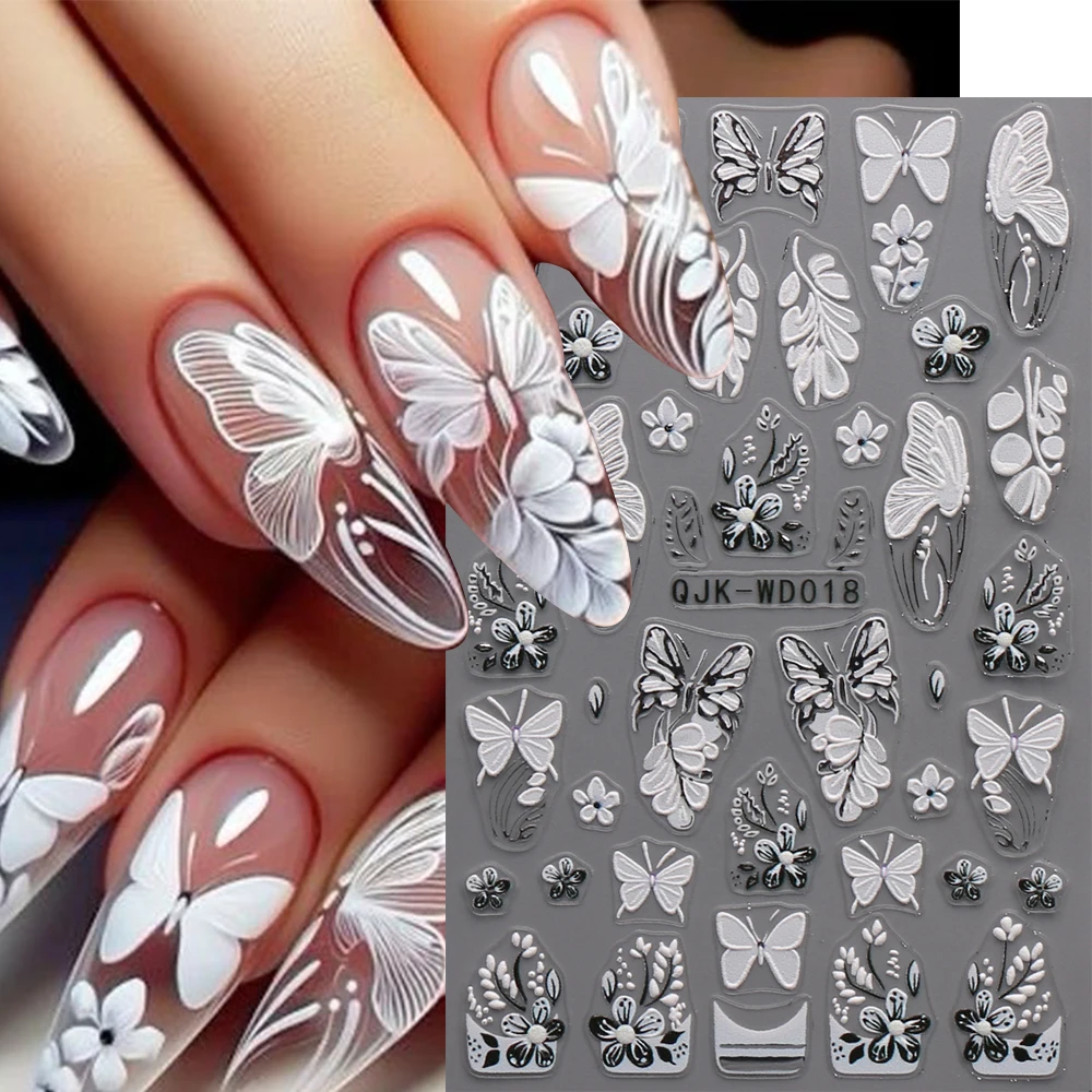 1pcs 검은 꽃 3D 네일 아트 스티커 진한 빨간색 꽃무늬 고딕 나비 양각 디자인 네일 데칼 DIY 매니큐어 장식